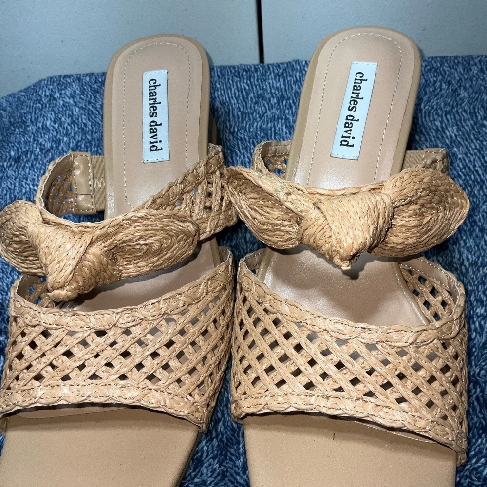 New Charles David Women’s Raffia Woven Sandals Slip On Size 10 M Boho Summer